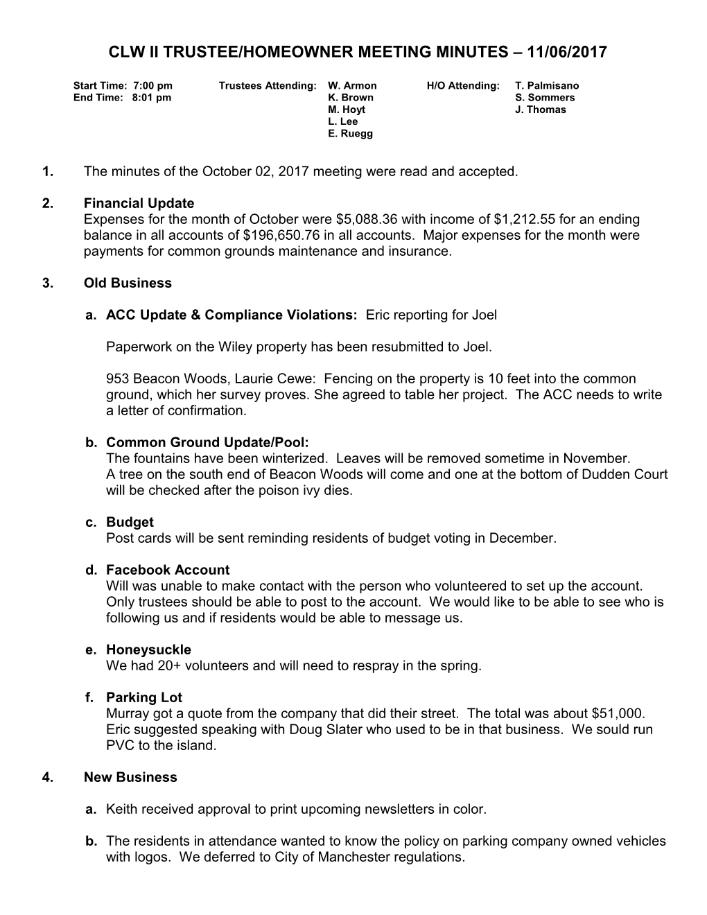 Clw Ii Trustee/Homeowner Meeting Agenda 11/05/09