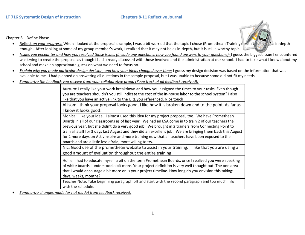 LT 716 Systematic Design of Instruction Chapters 8-11 Reflective Journal