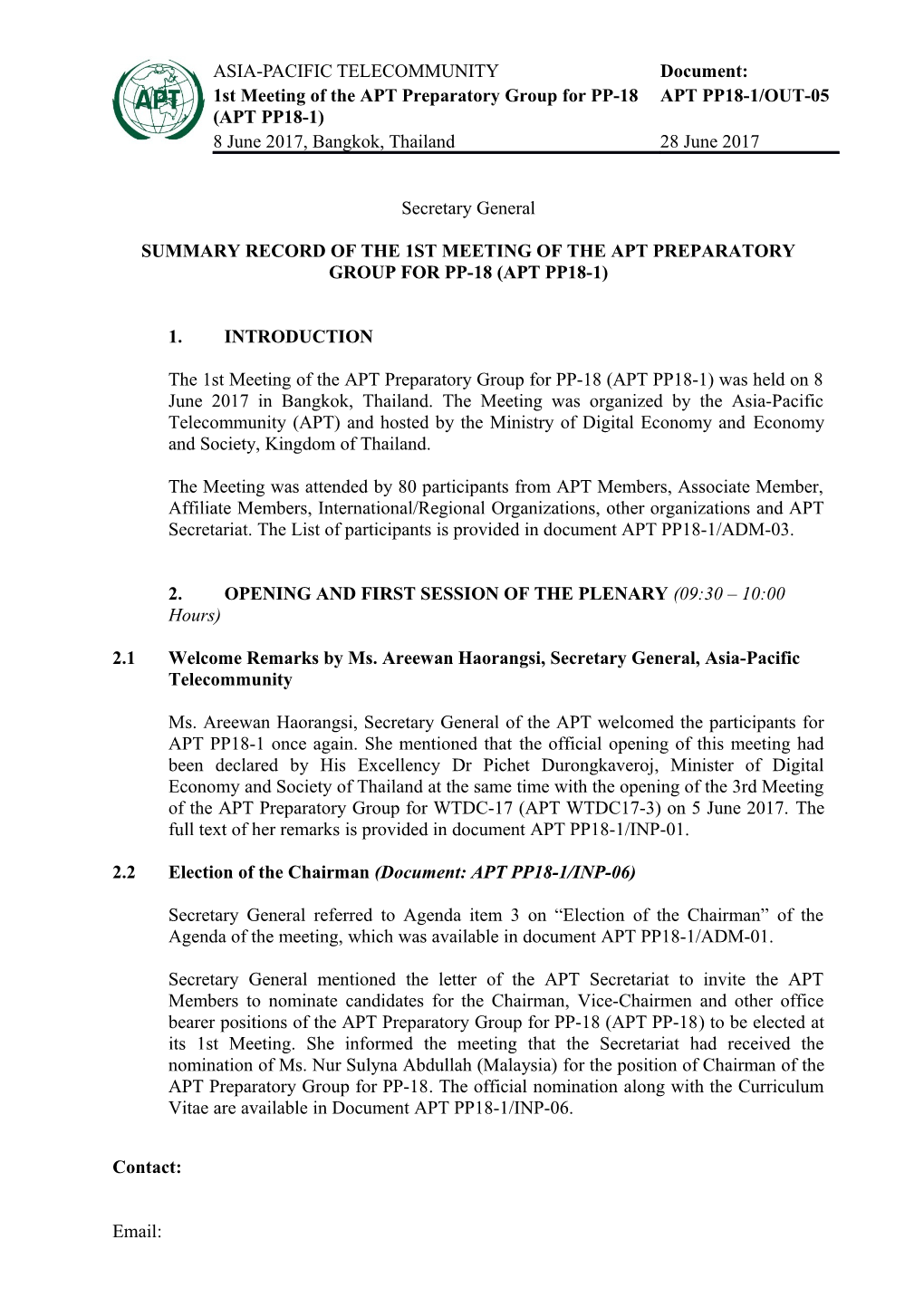 SUMMARY RECORD of the 1ST MEETING of the Apt Preparatory Group for Pp-18 (Apt Pp18-1)