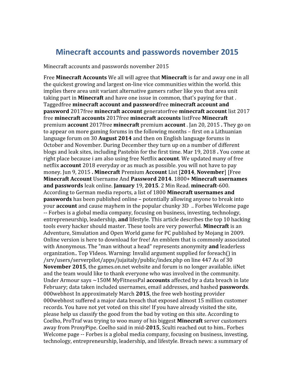 Minecraft Accounts and Passwords November 2015