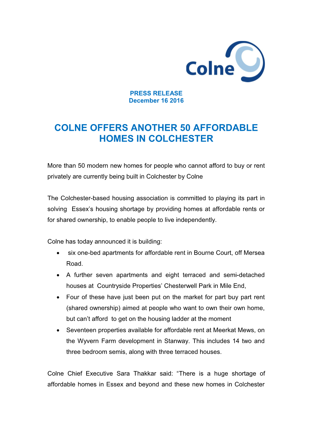 Colne Offers Another 50 Affordable Homes in Colchester