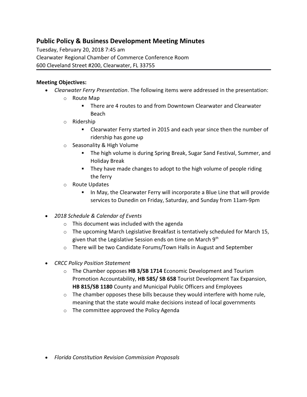 Public Policy & Business Development Meeting Minutes