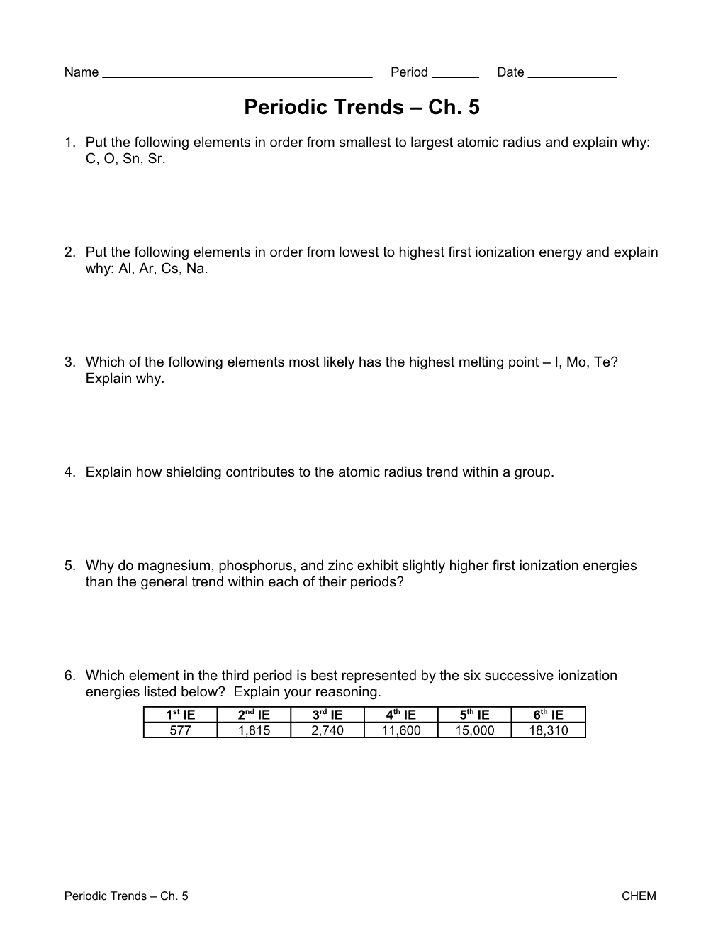 Periodic Trends Worksheet s1