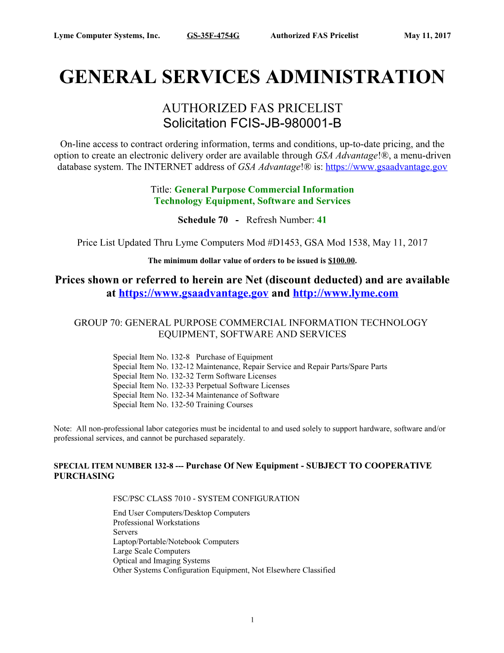 Lyme Computer Systems, Inc. GS-35F-4754G Authorized FAS Pricelist May 11, 2017