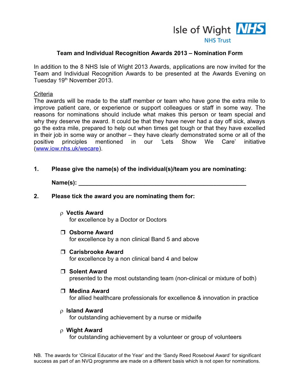 Team and Individual Recognition Awards 2013 Nomination Form