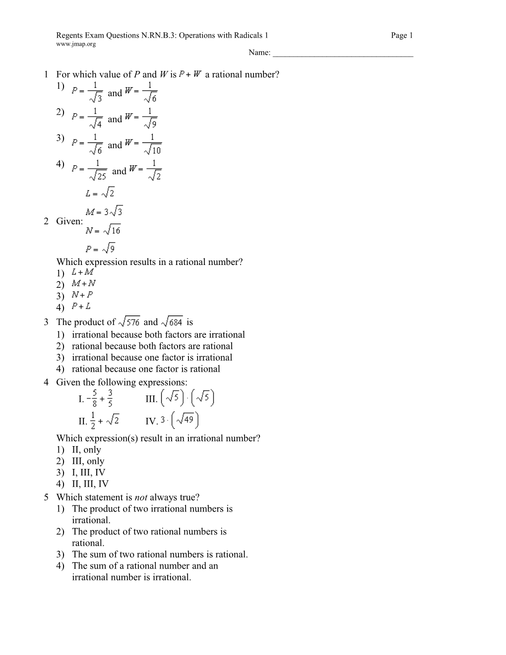 Regents Exam Questions N.RN.B.3: Operations with Radicals 1Page 1