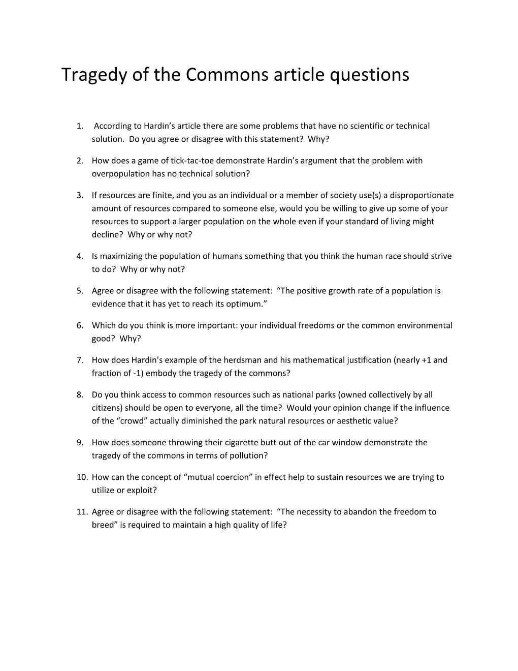 Tragedy of the Commons Article Questions