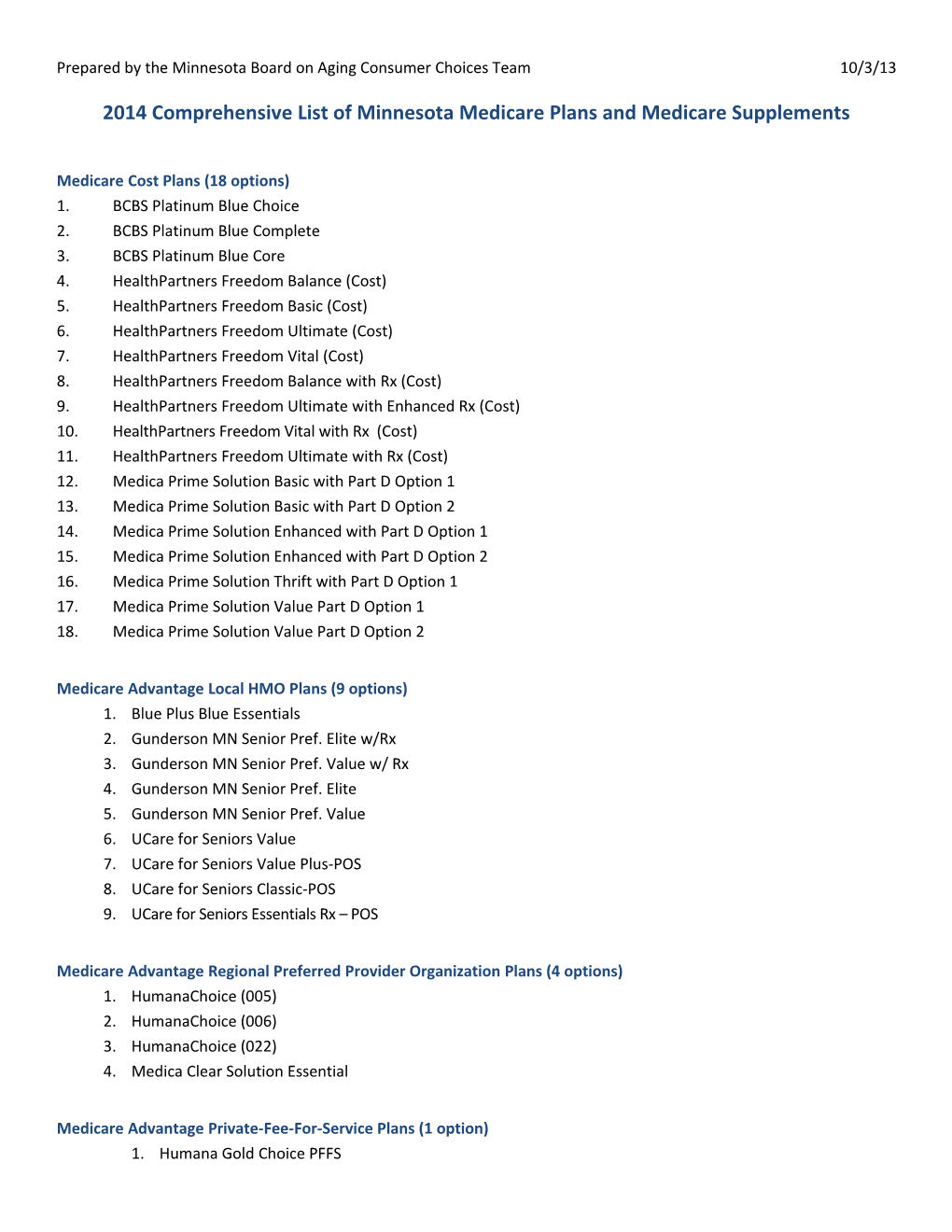 2014 Comprehensive List of Minnesota Medicare Plans and Medicare Supplements