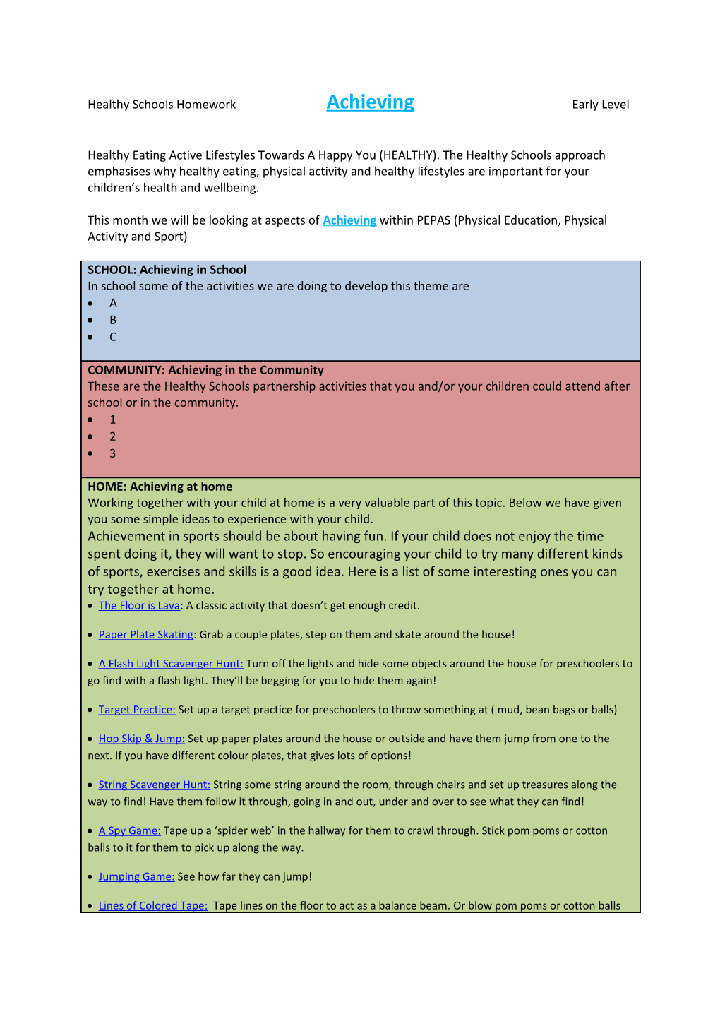 Healthy Schools Homework Achieving Early Level