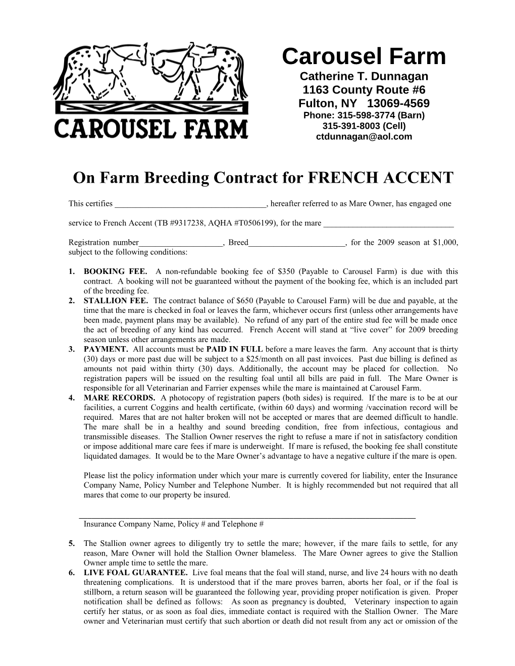 Leasing of Horse from Carousel Farm