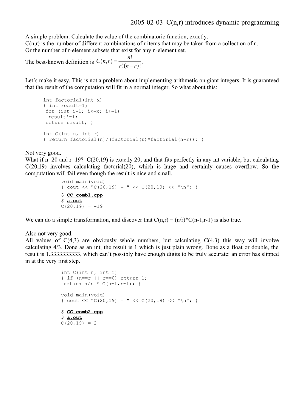 2005-02-03 C(N,R) Introduces Dynamic Programming