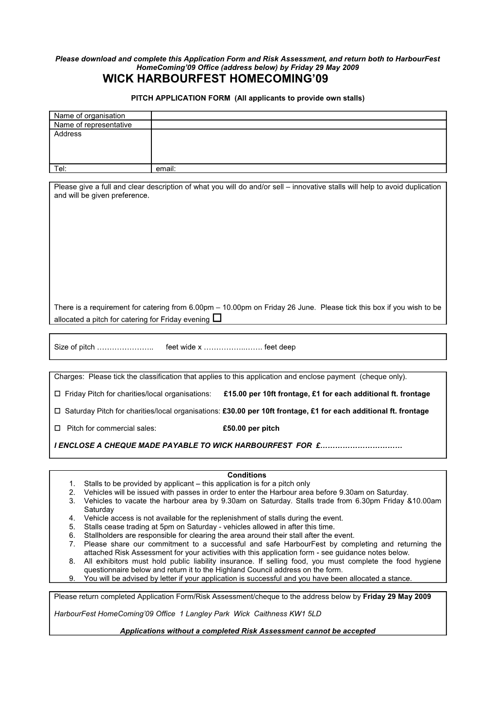 PITCH APPLICATION FORM (All Applicants to Provide Own Stalls)