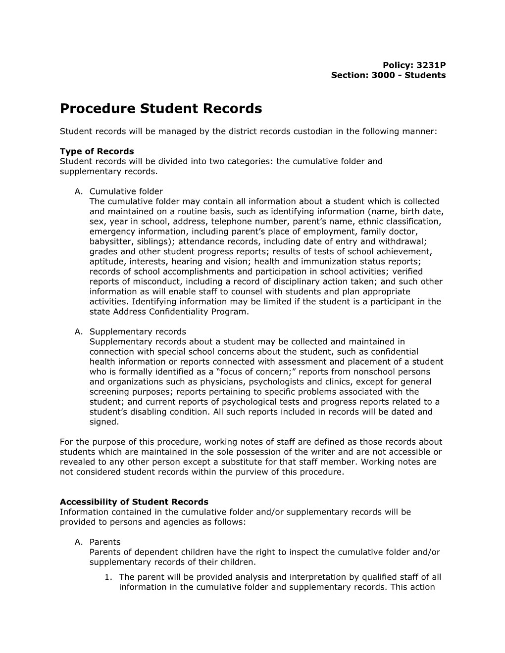 Procedure Student Records