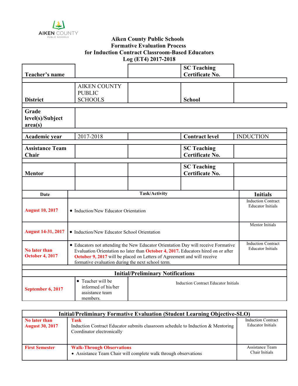 For Induction Contract Classroom-Based Educators