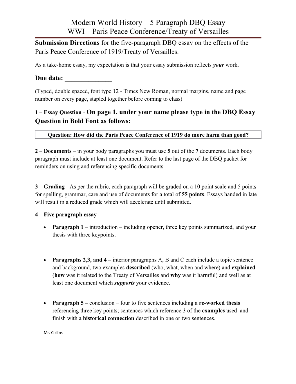 Modern World History 5 Paragraph DBQ Essay WWI Paris Peace Conference/Treaty of Versailles