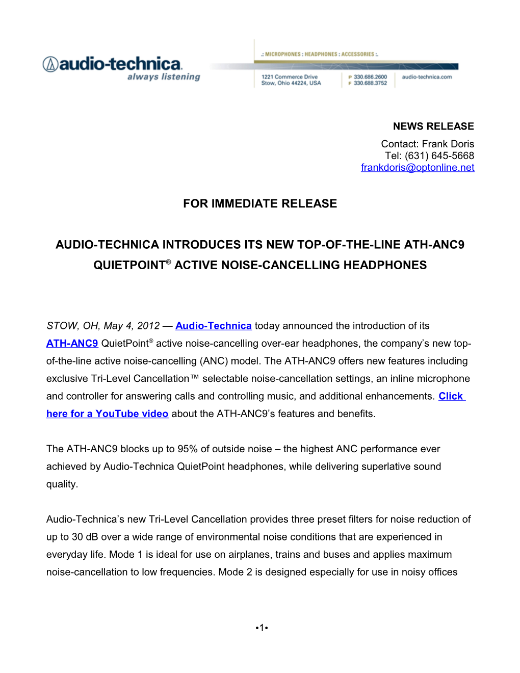 Audio-Technica ATH-Anc7b Innovations 2010 Press Release