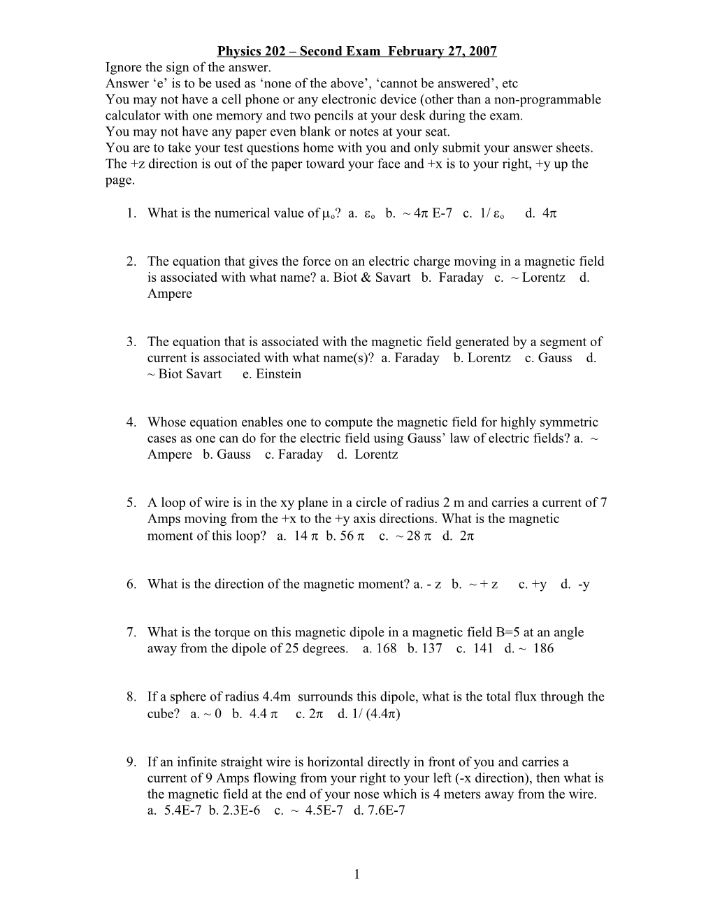 Physics 202 - First Exam February 2, 2005