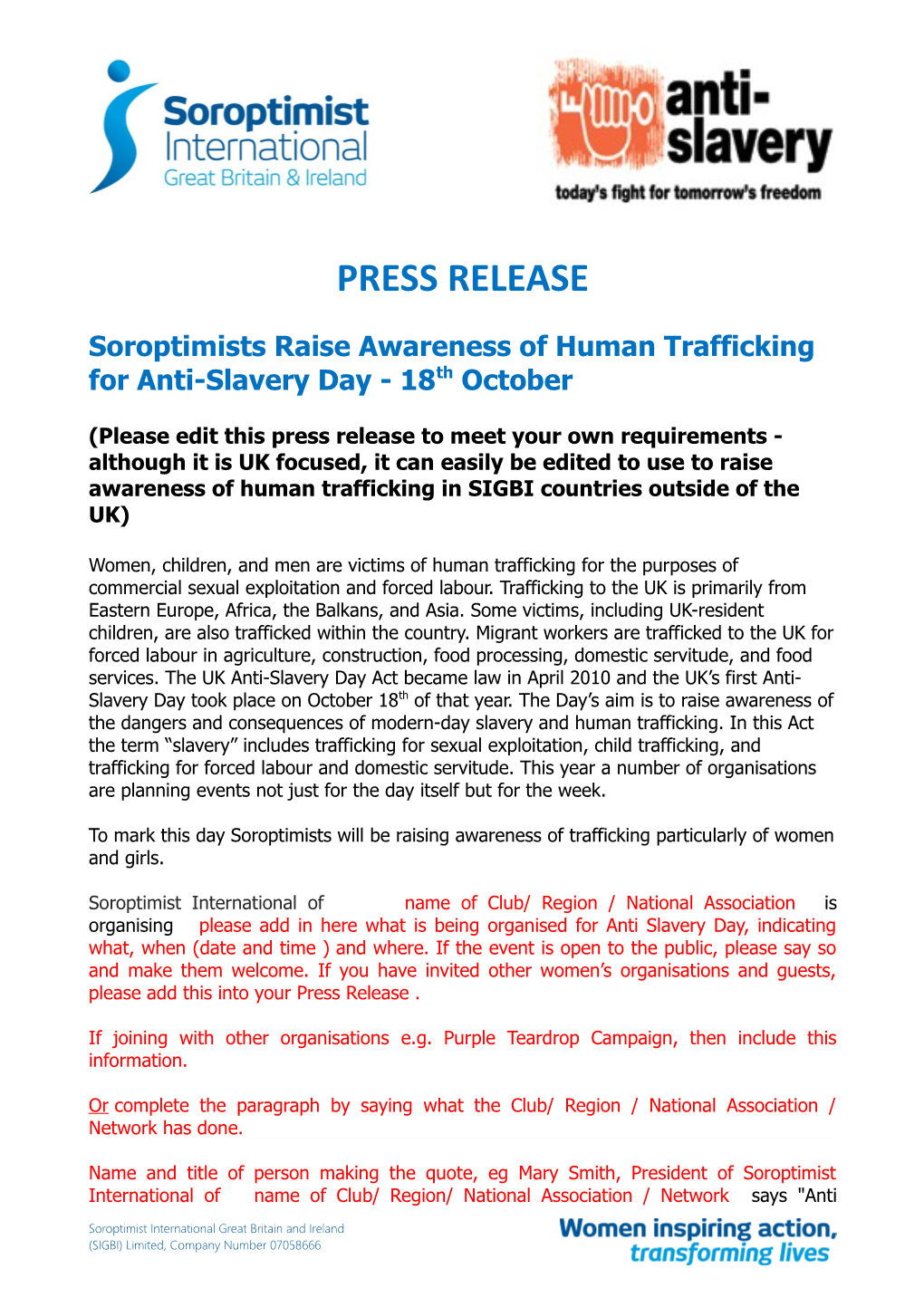 Soroptimists Raise Awareness of Human Trafficking Foranti-Slavery Day -18Th October