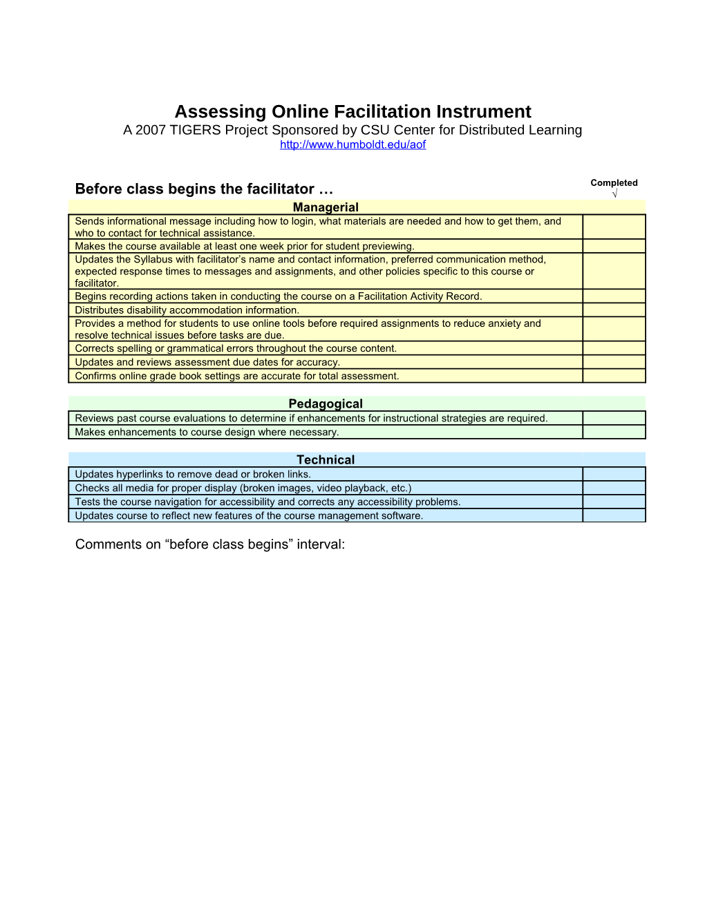 Assessing Online Facilitation Instrument