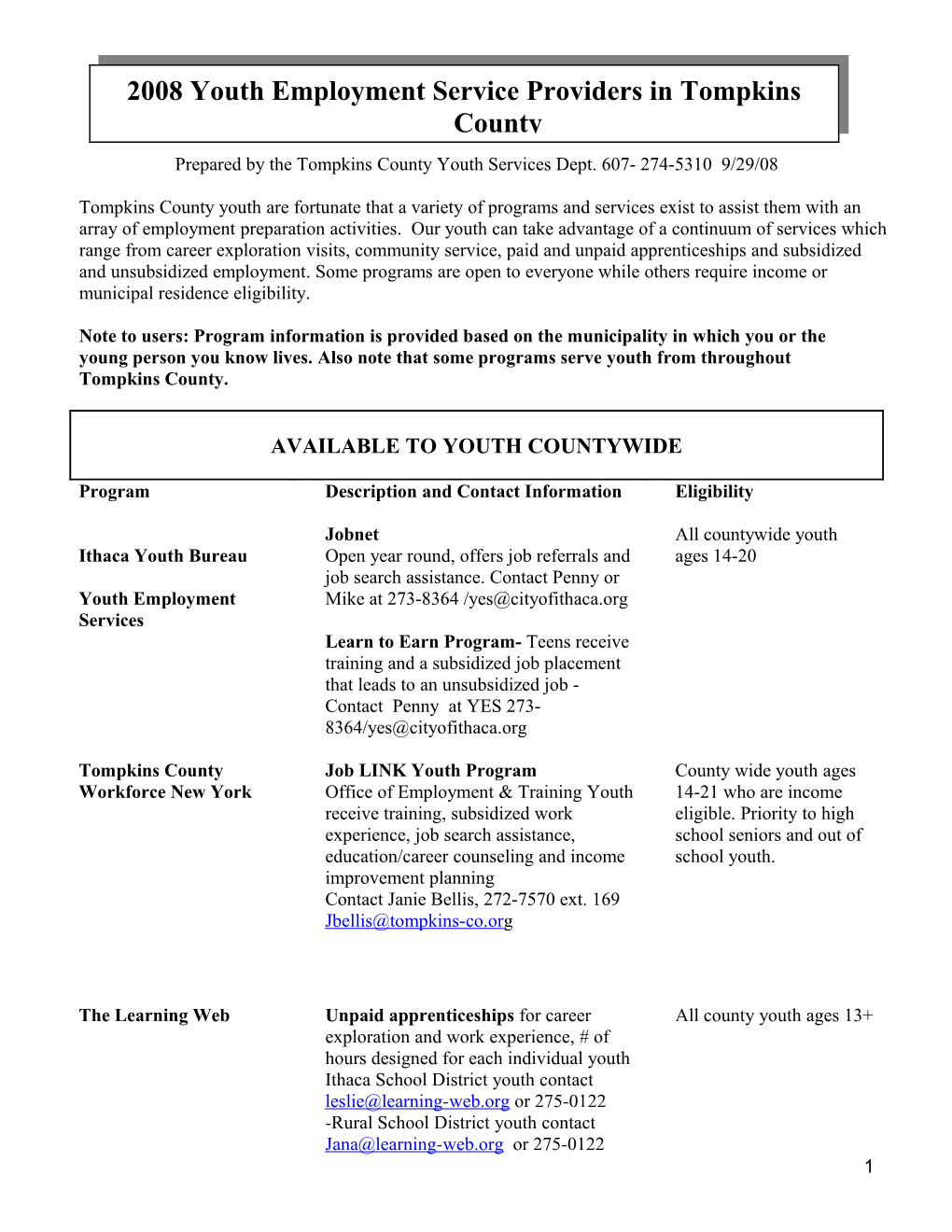 Summer 2003 Youth Employment in Tompkins County