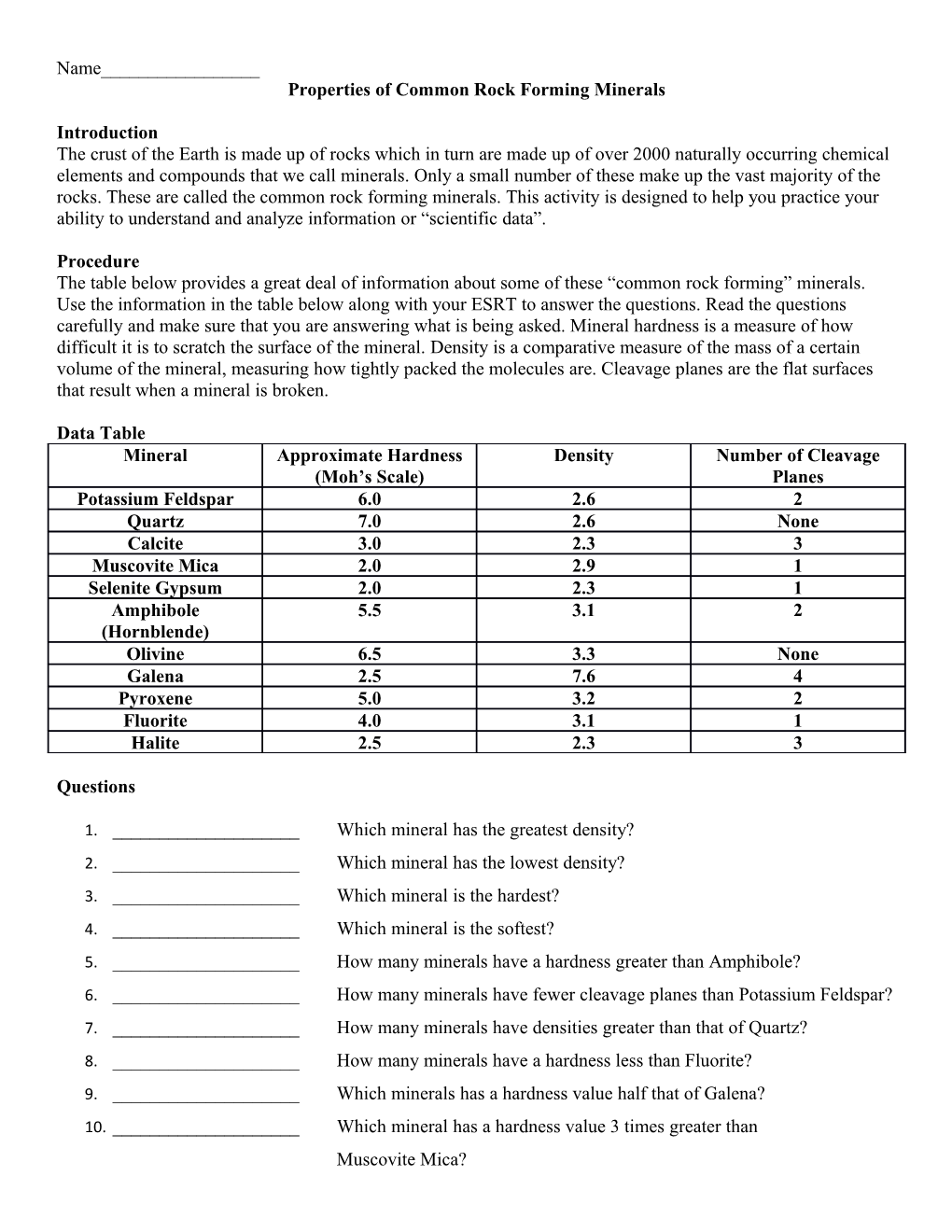 Properties of Common Rock Forming Minerals