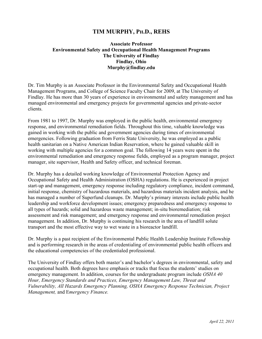 Environmental Safety and Occupational Health Management Programs