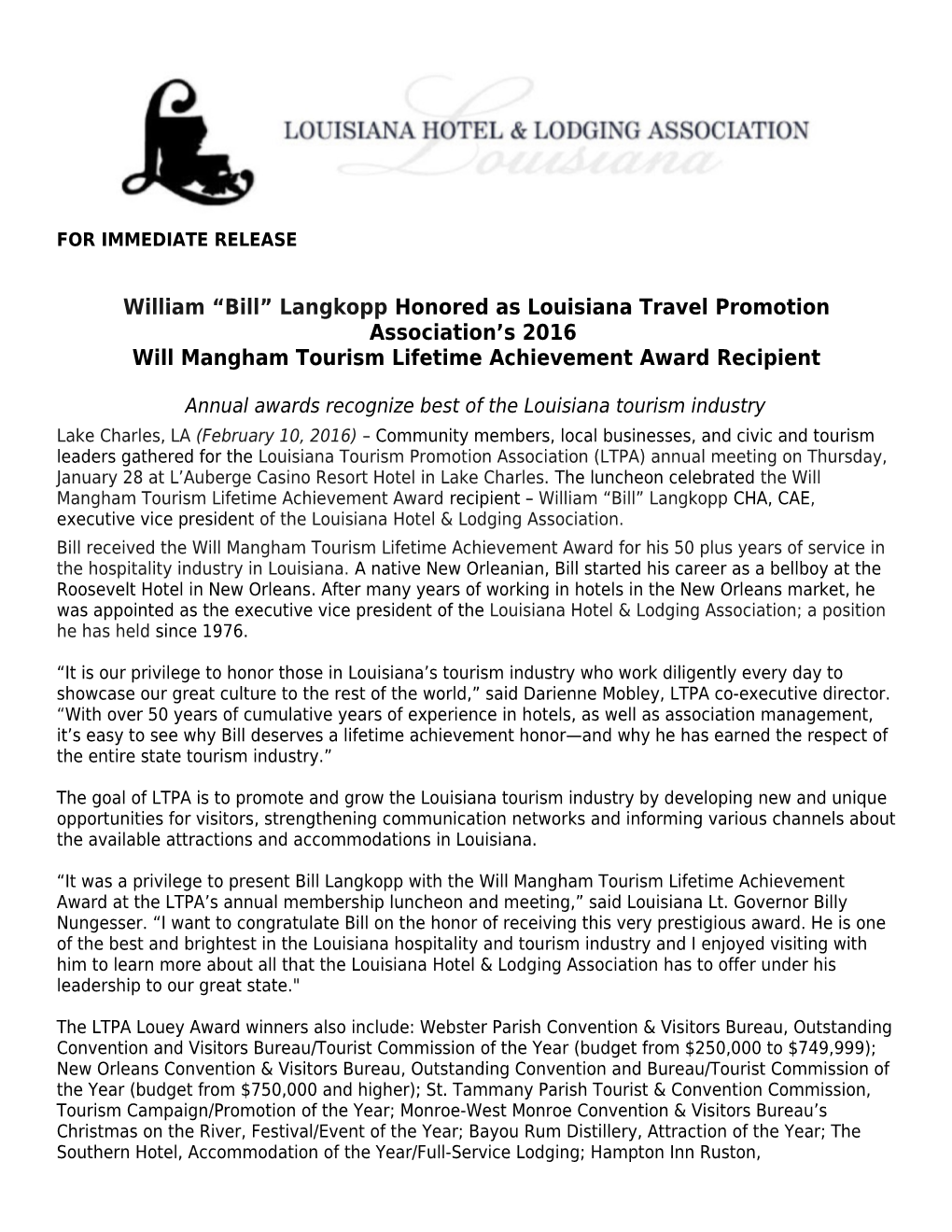 William Bill Langkopphonored As Louisiana Travel Promotion Association S 2016