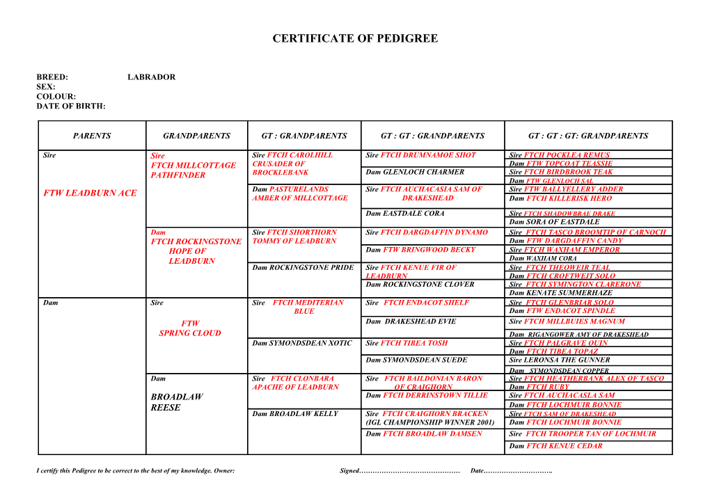 Certificate of Pedigree