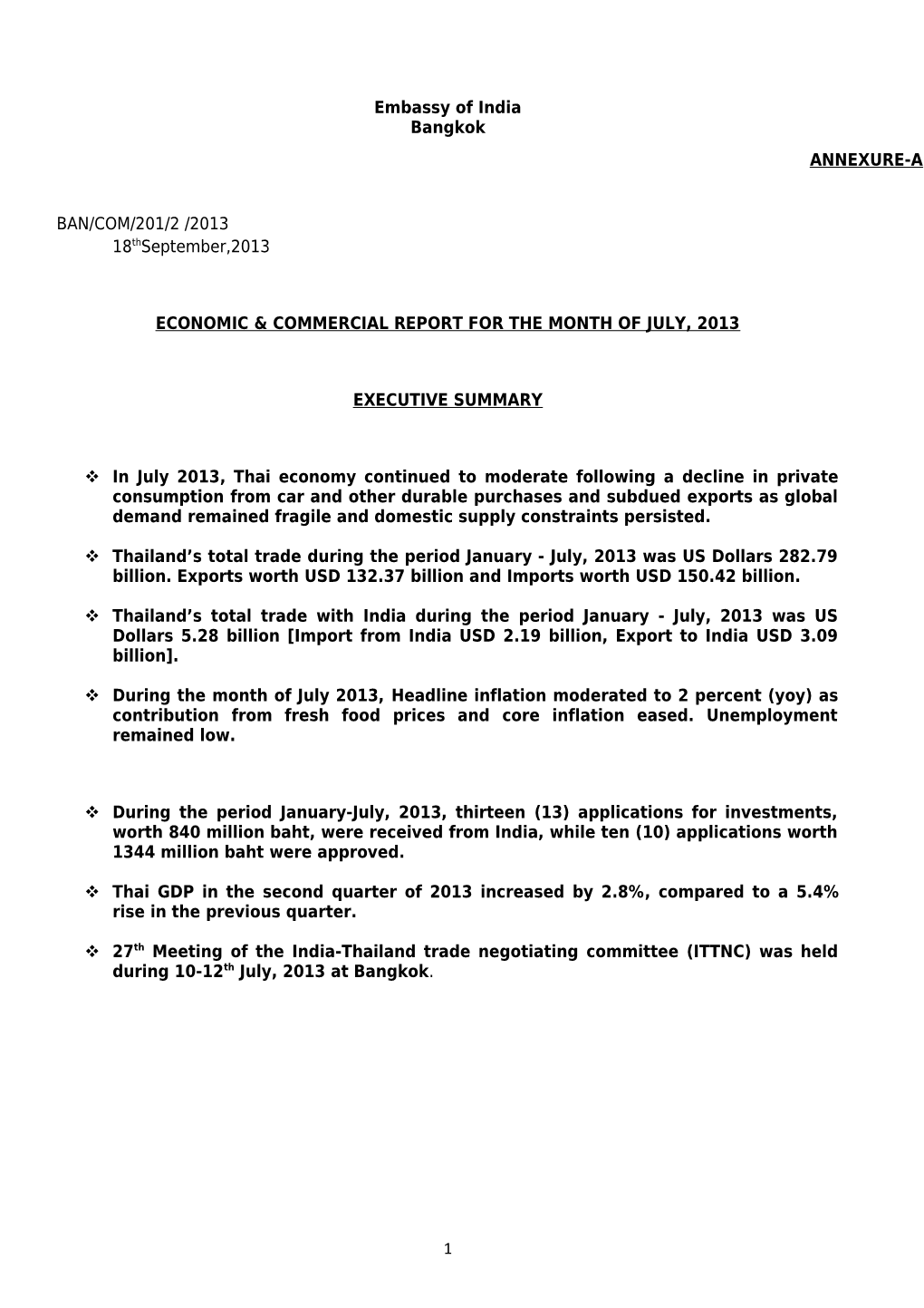 Economic & Commercial Report for the Month of July, 2013