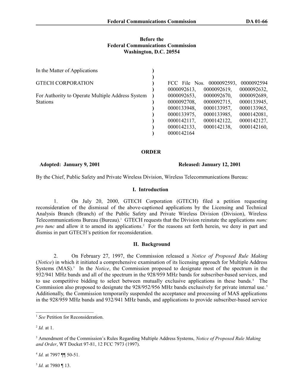 Federal Communications Commission DA 01-66