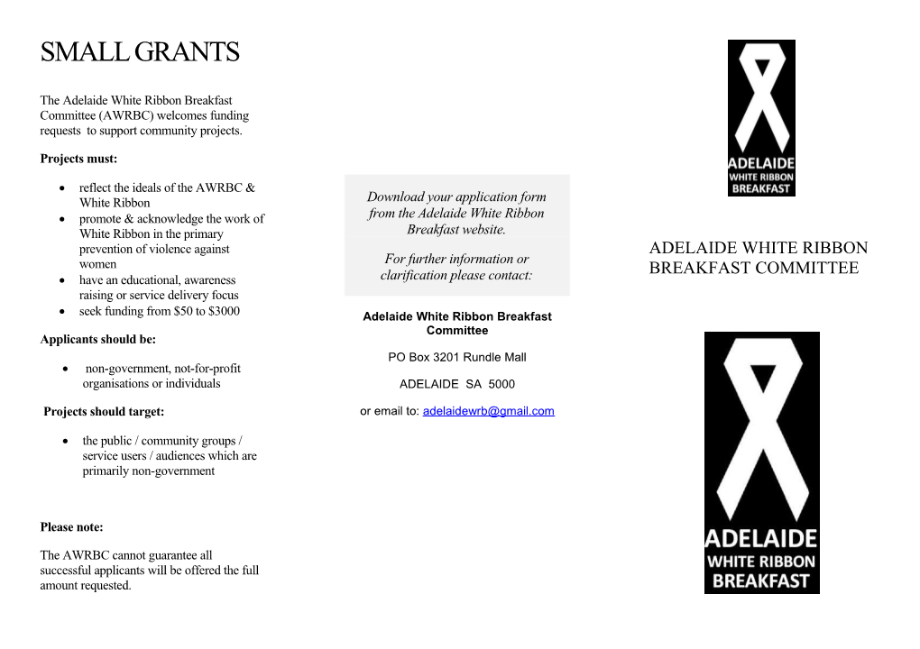 The Adelaide White Ribbon Breakfast Committee (AWRBC) Welcomes Funding Requests to Support