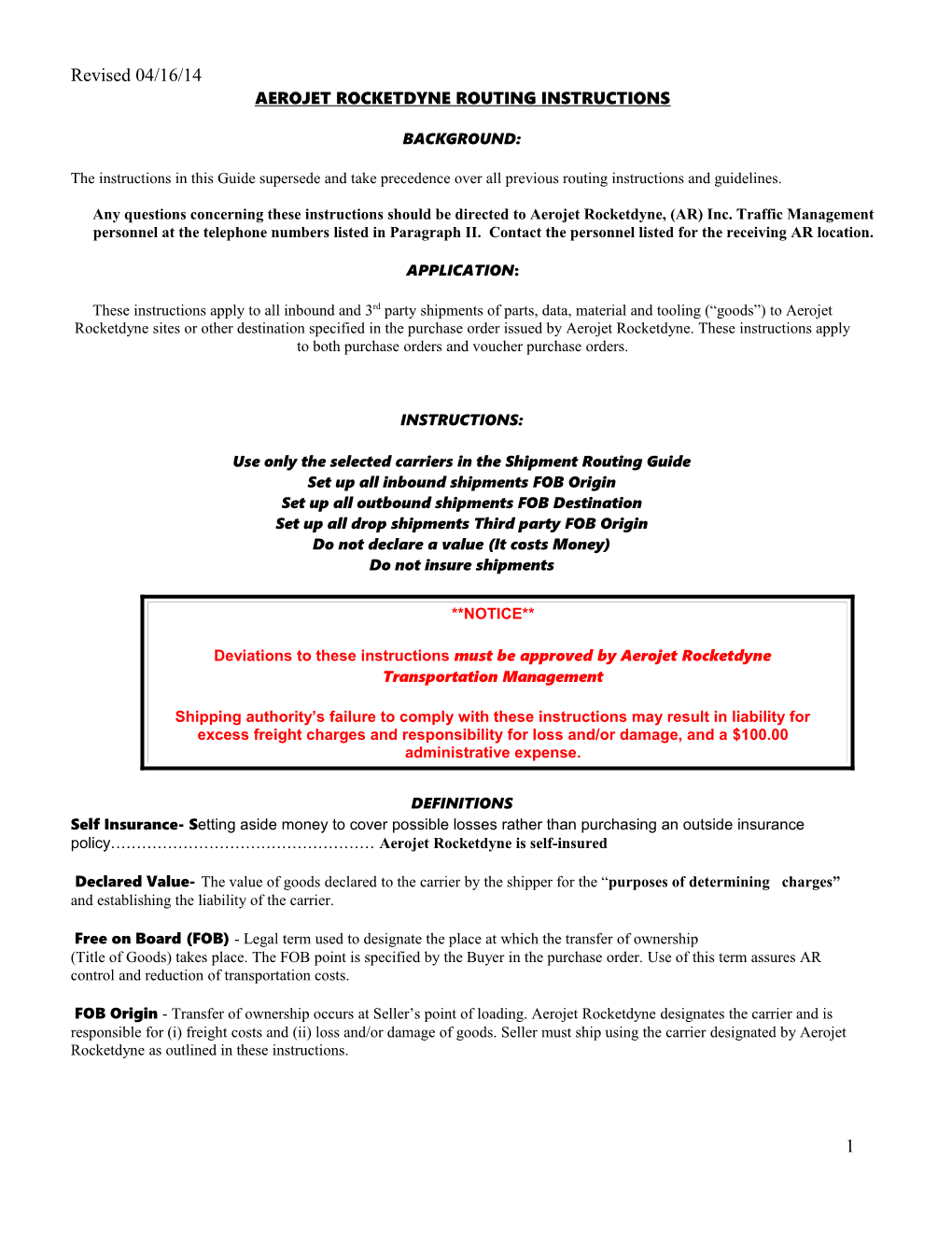 Aerojet Rocketdyne Routing Instructions