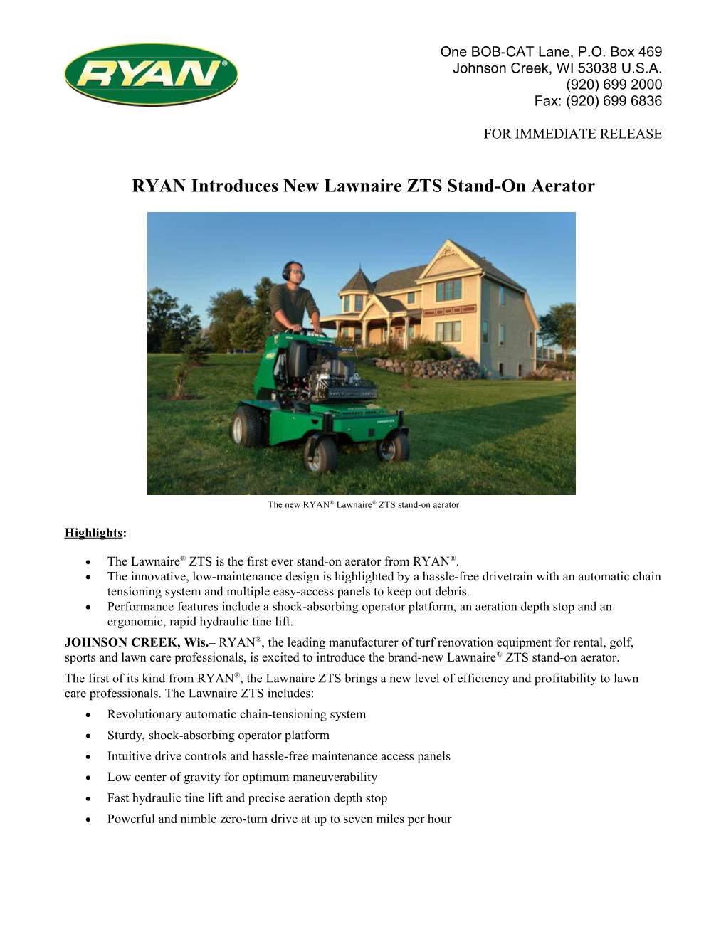 Ryanintroduces New Lawnaire ZTS Stand-On Aerator