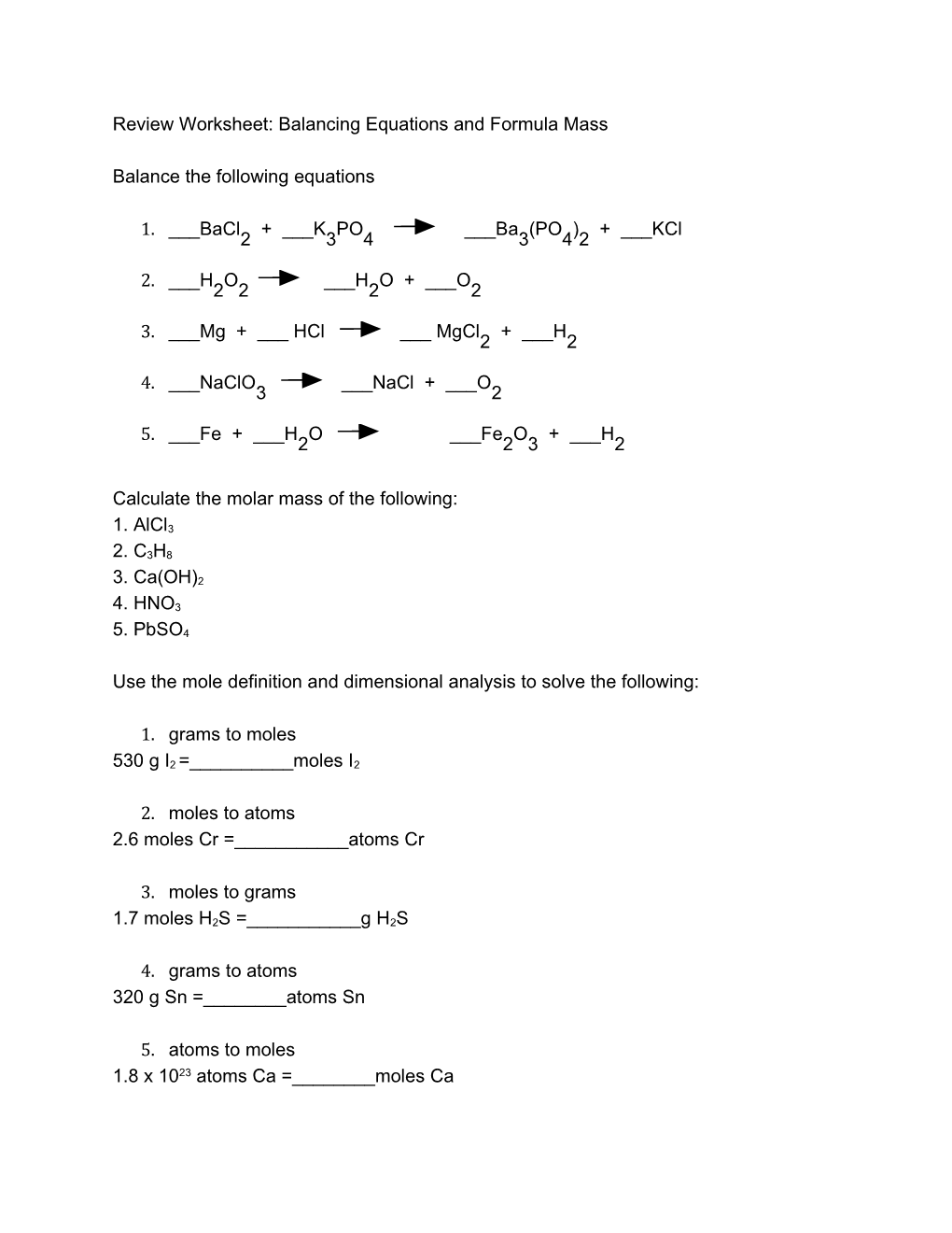 Review Worksheet: Balancing Equations and Formula Mass