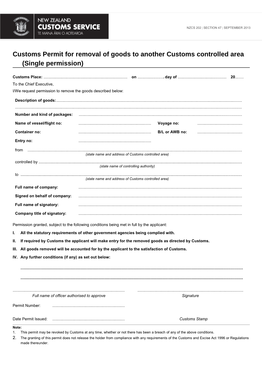 NZCS 202 - Customs Permit for Removal of Goods to Another Customs Controlled Area (Single