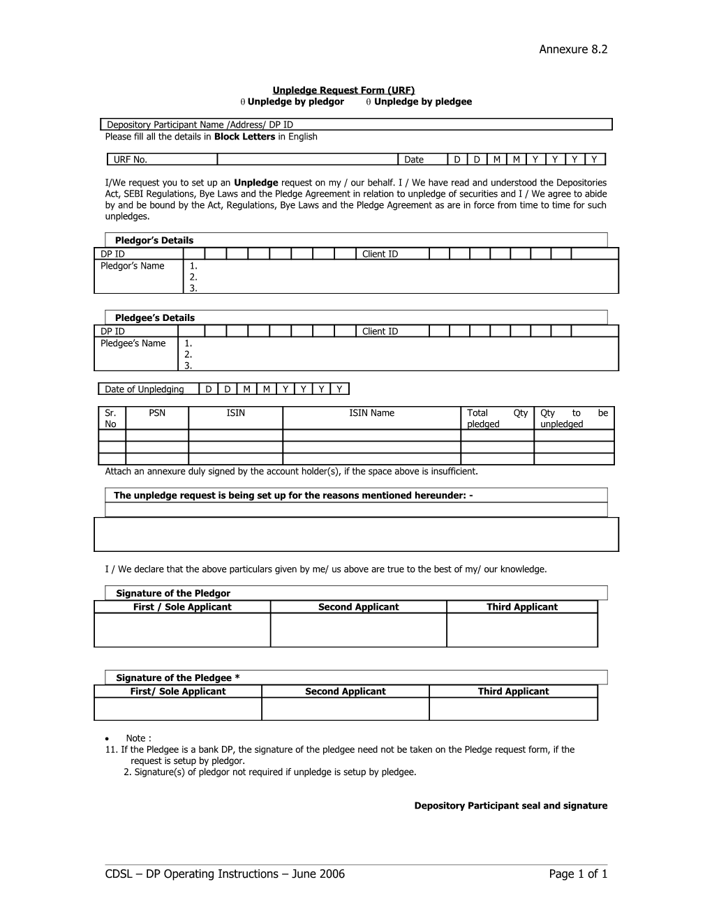 Annexure 8.2 : Unpledge Request Form