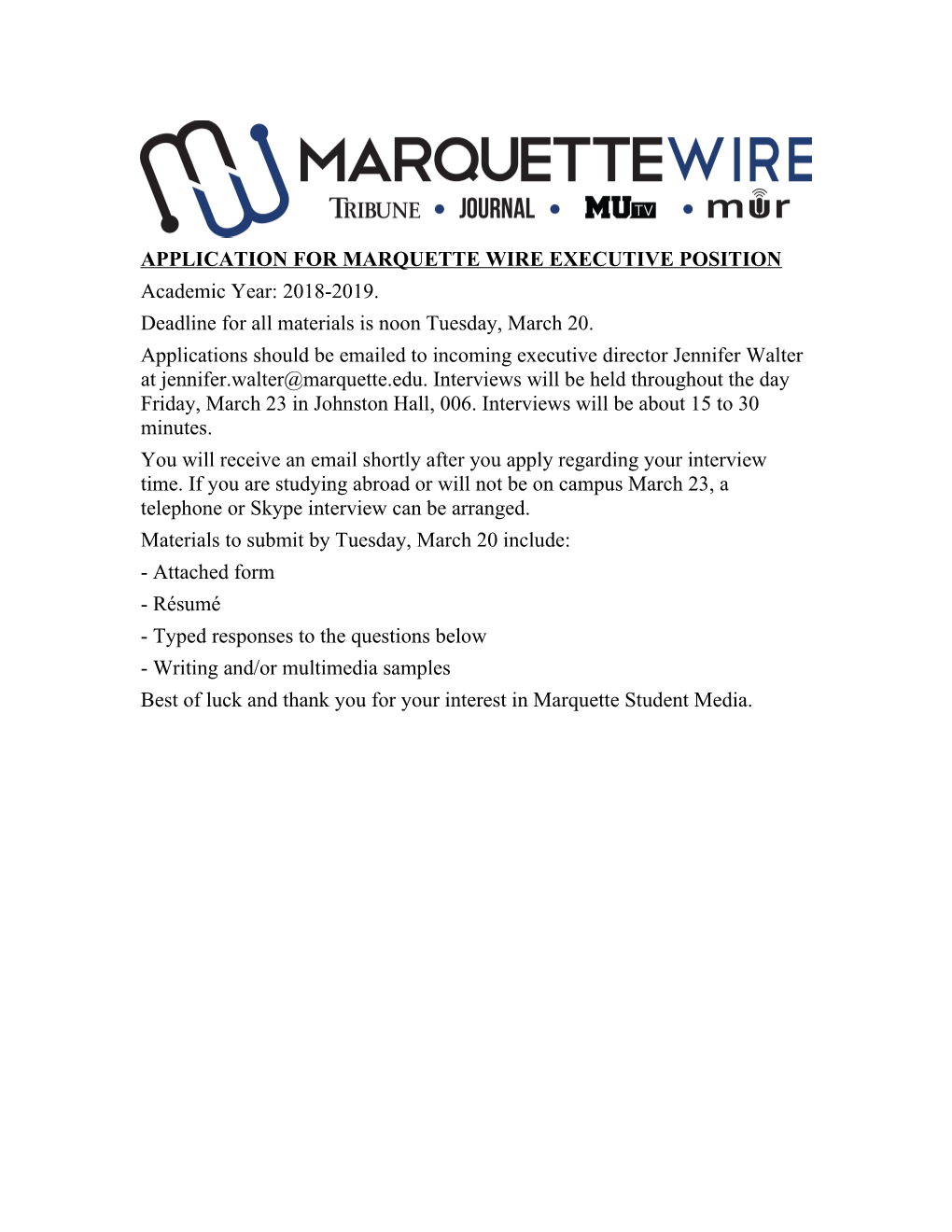 Application for Marquette Wire Executive Position