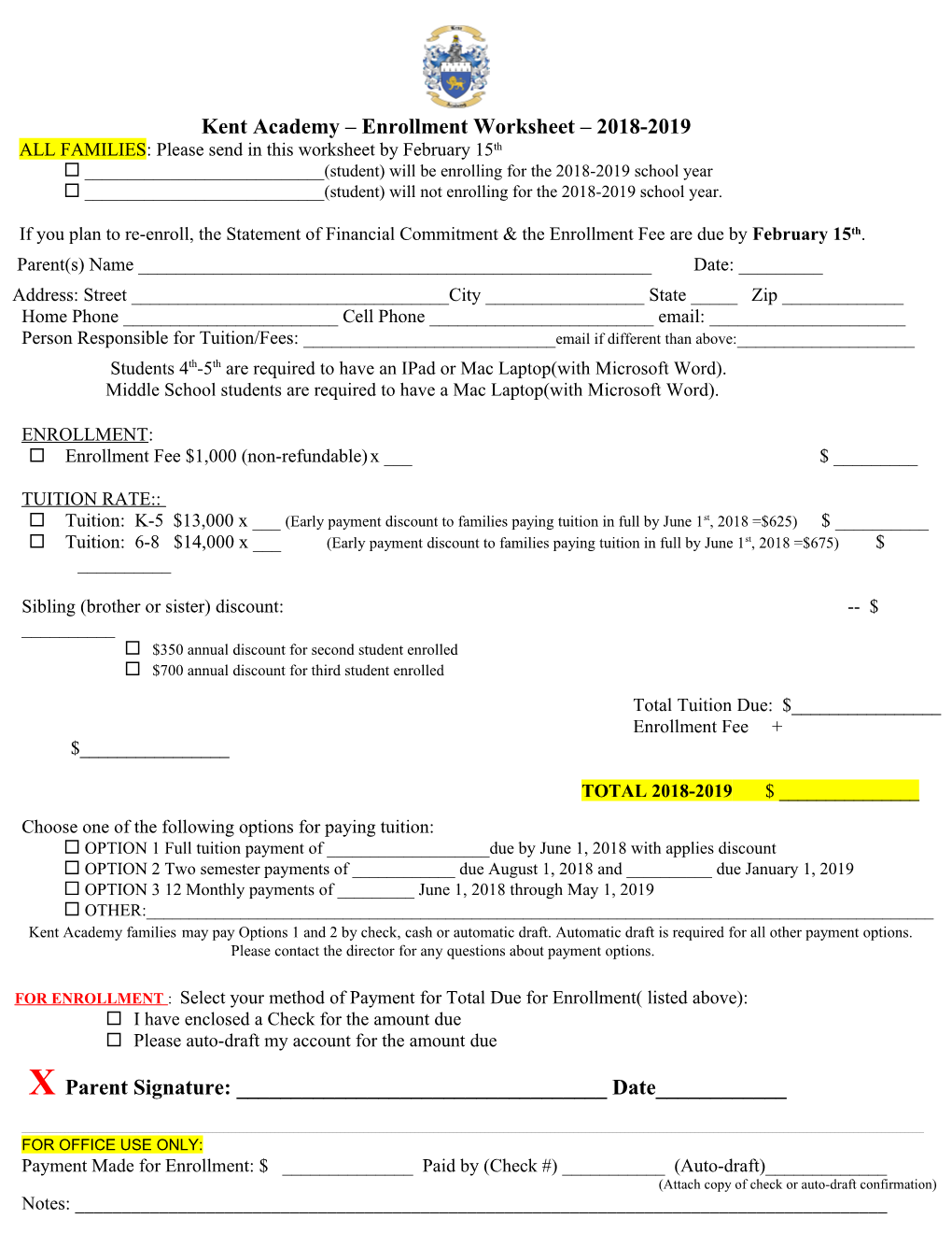 Kent Academy Enrollment Worksheet 2018-2019