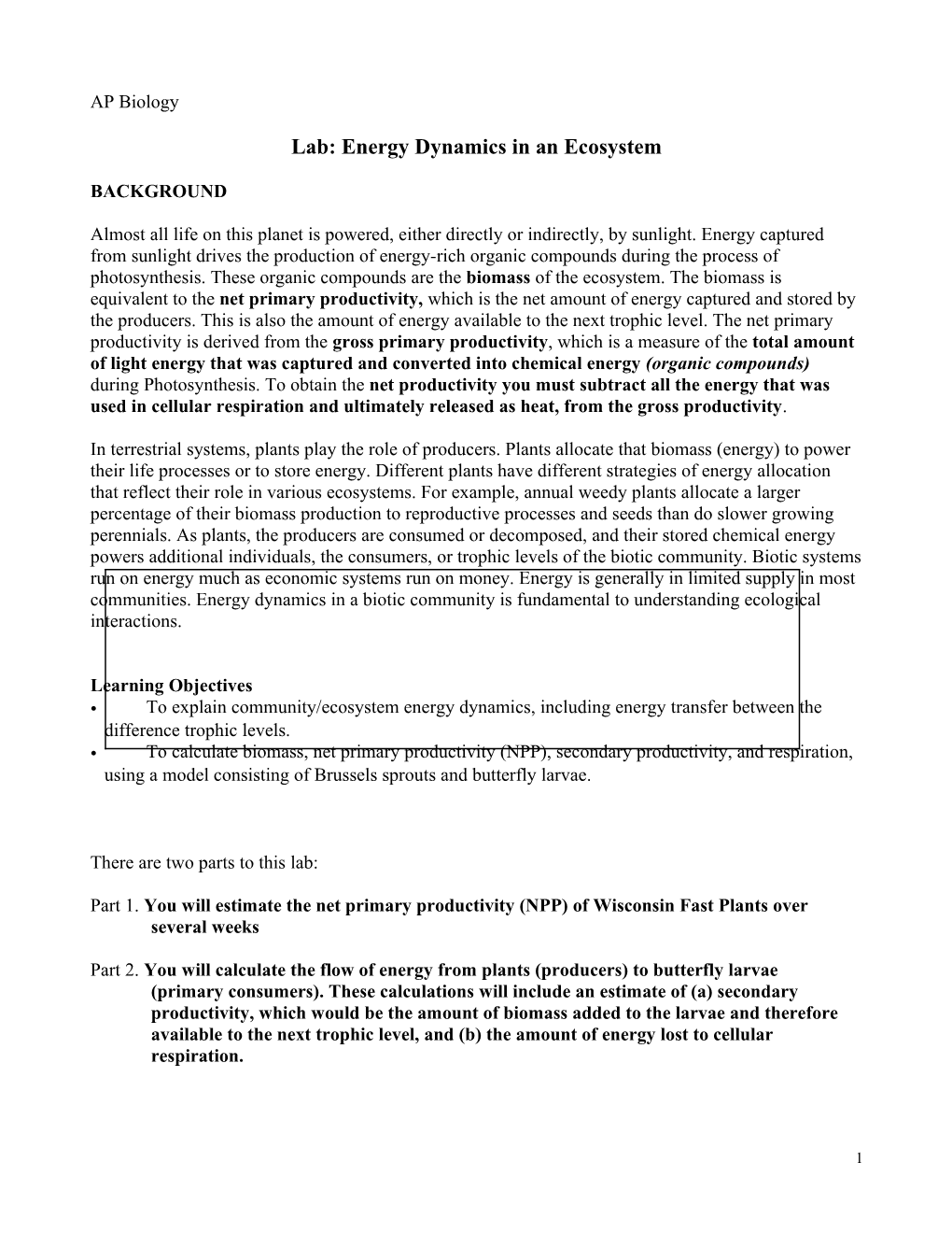 Lab: Energy Dynamics in an Ecosystem