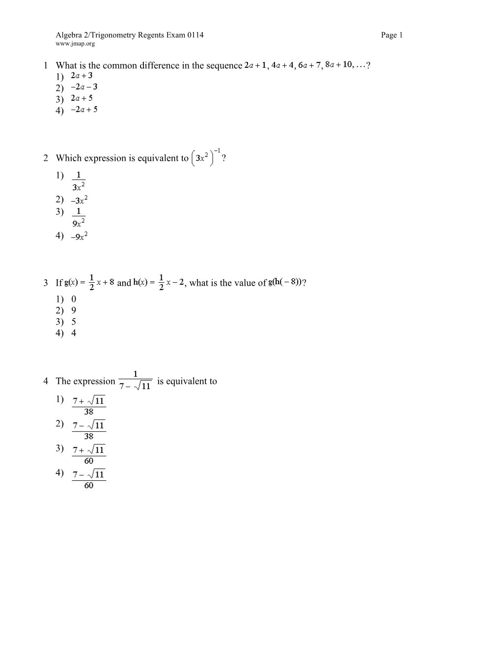 Algebra 2/Trigonometry Regents Exam 0114Page 1