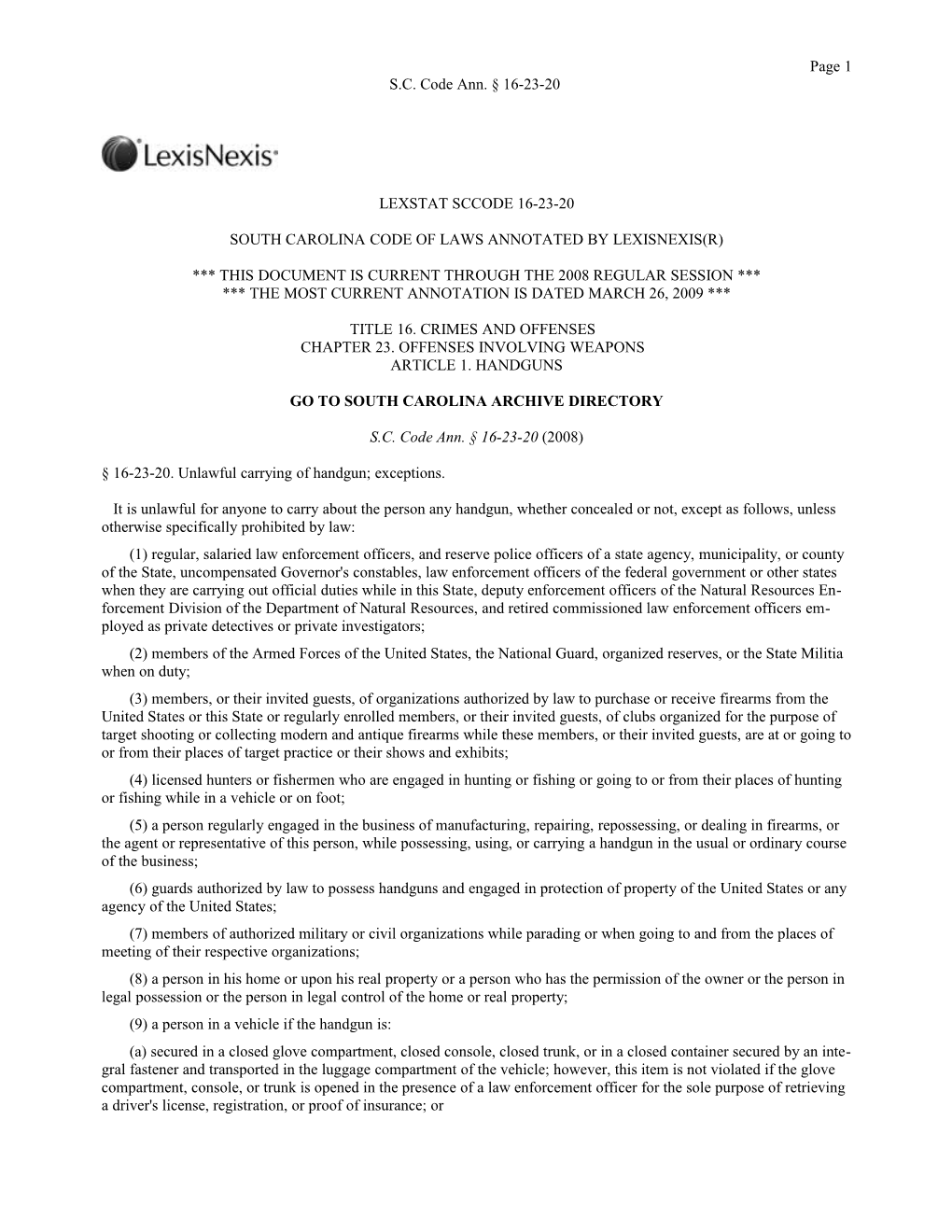 South Carolina Code of Laws Annotated by Lexisnexis(R)