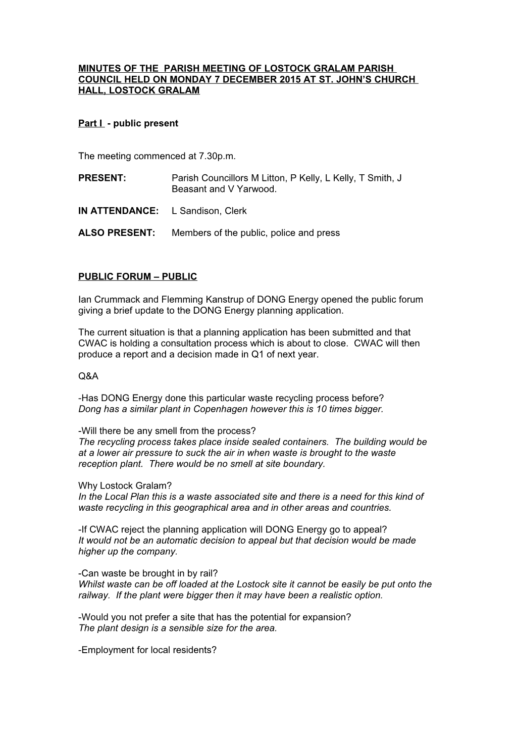 Minutes of the Meeting of Lostock Gralam Parish Council Held on Monday 3 November 2008