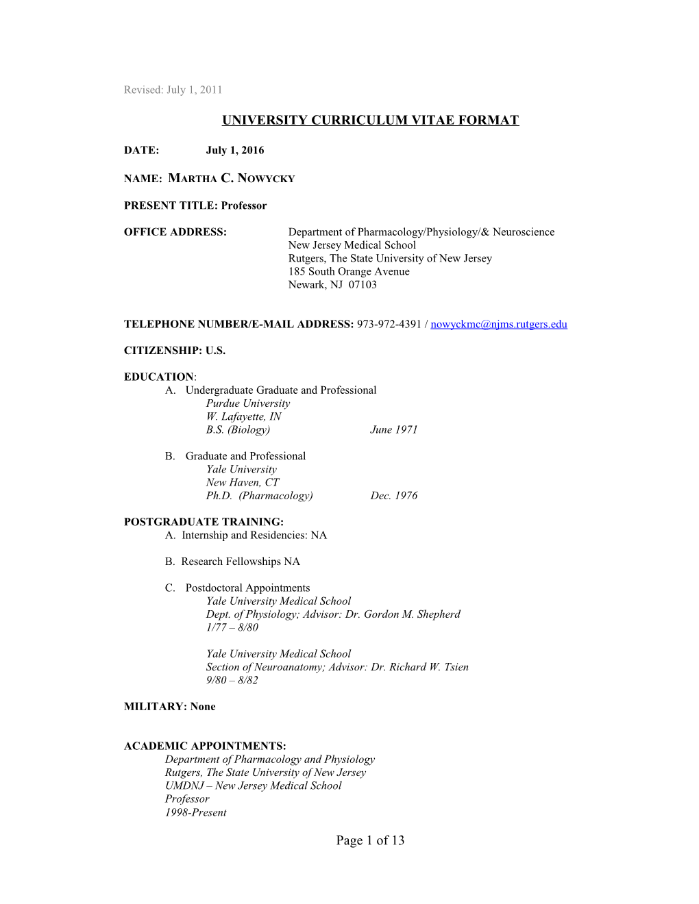 University Curriculum Vitae Format s1