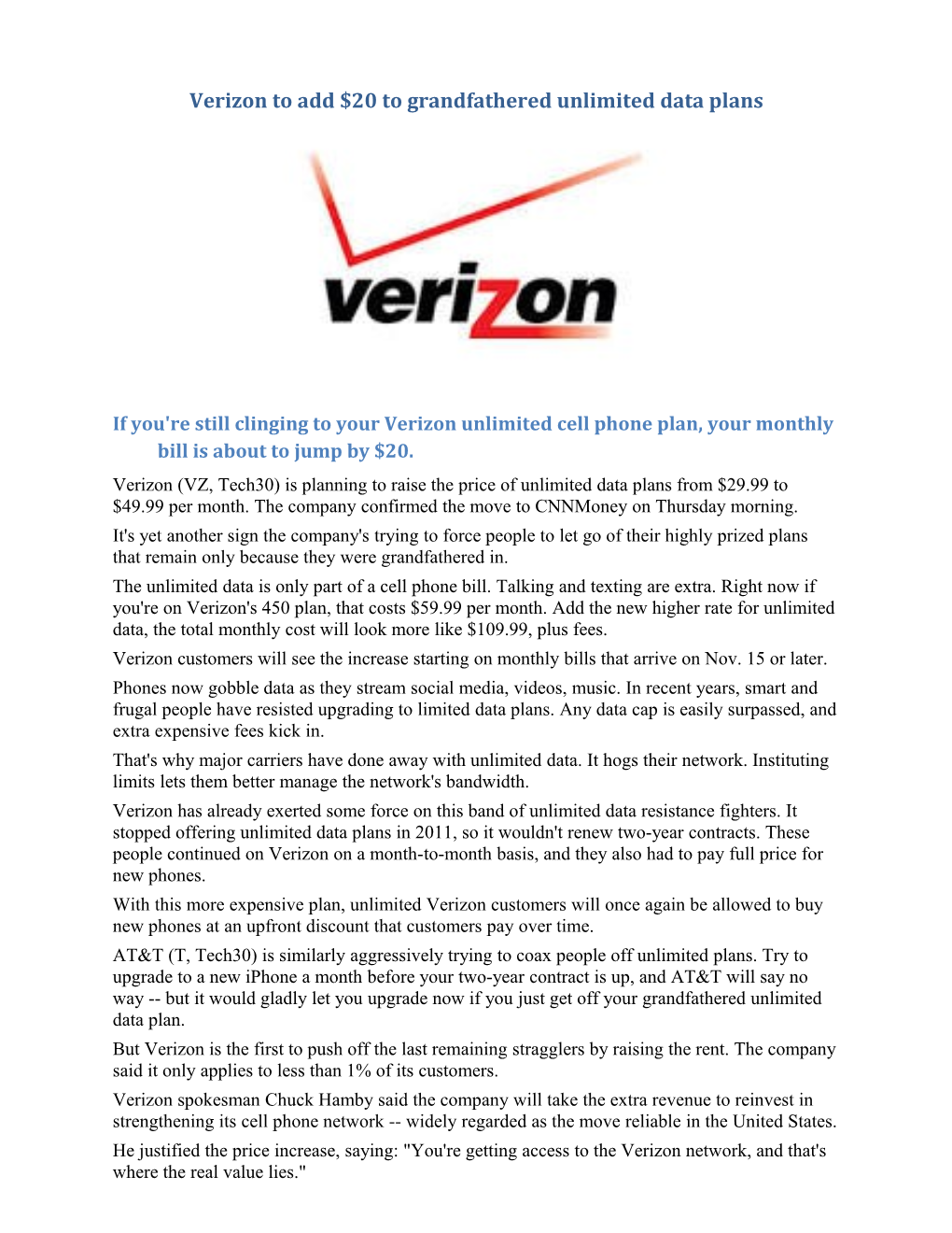 Verizon to Add $20 to Grandfathered Unlimited Data Plans