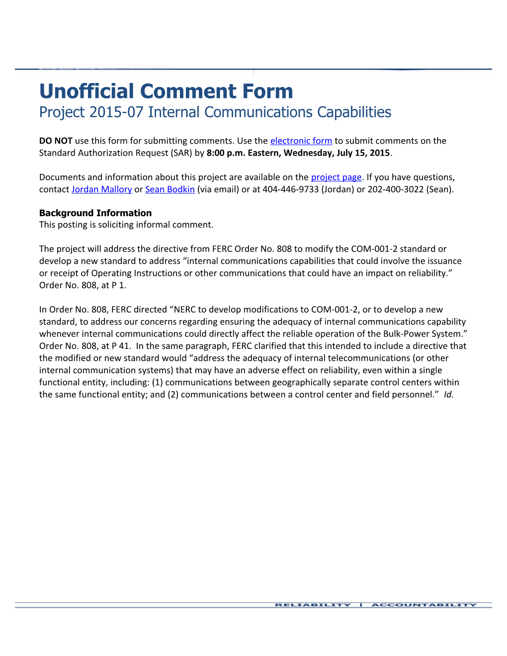 NERC Unofficial Comment Form (SAR)