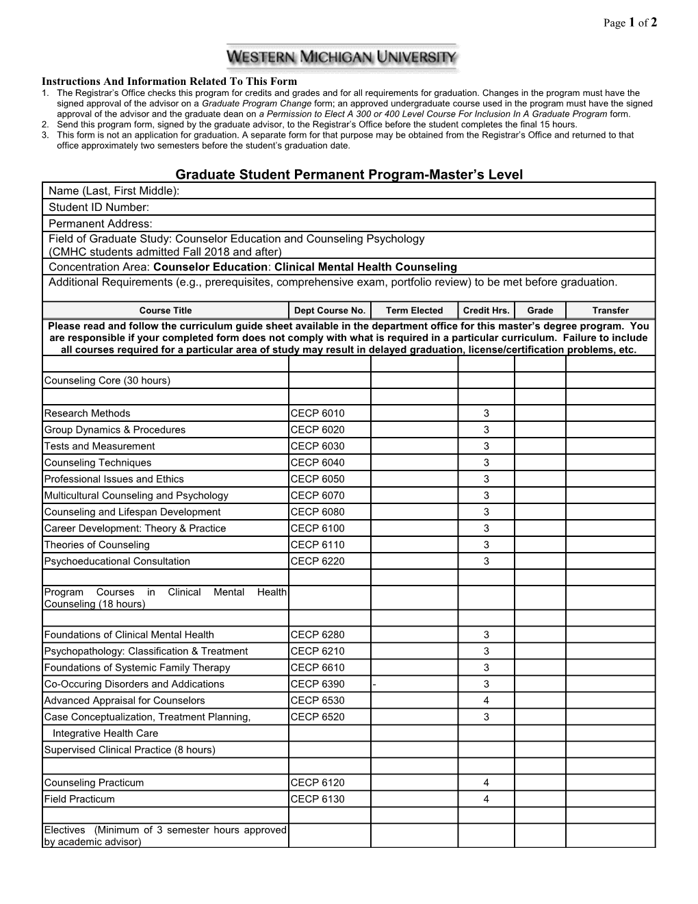 Graduate Student Permanent Program Form