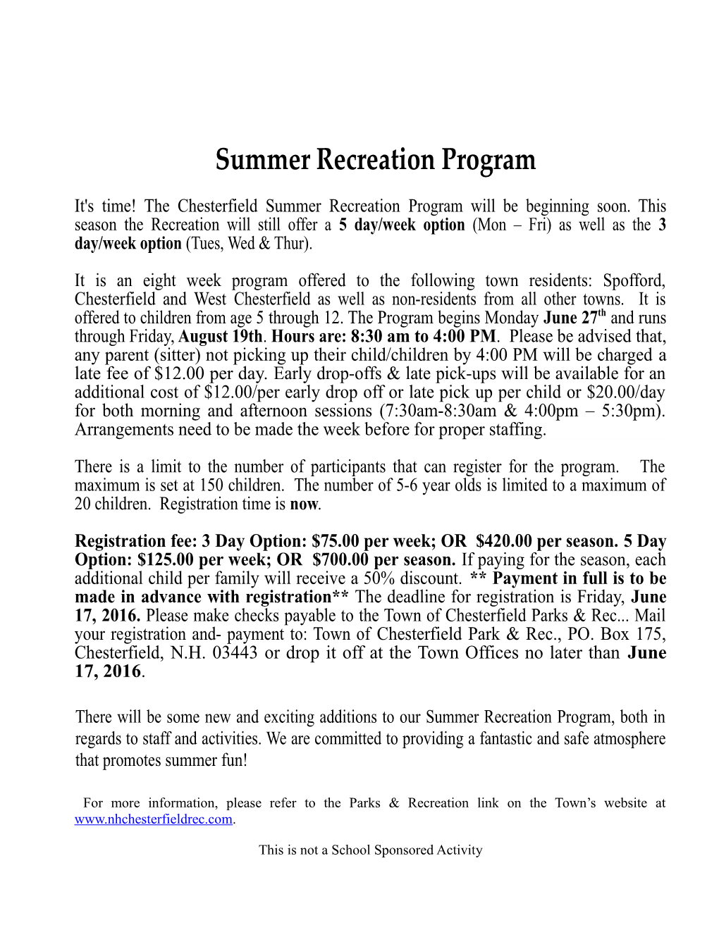 Summer Recreation Program