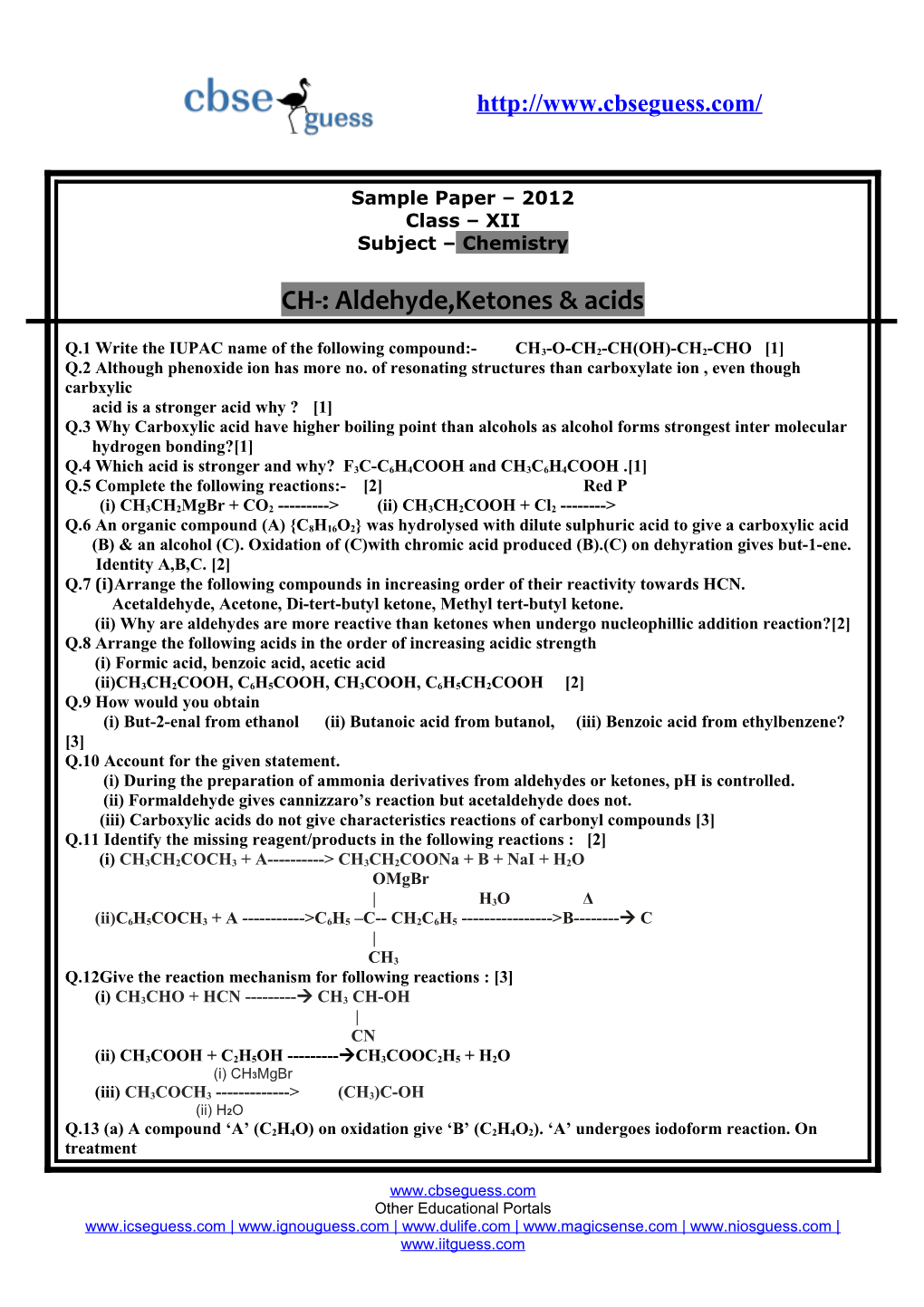 Sample Paper 2012 Class XII Subject Chemistry