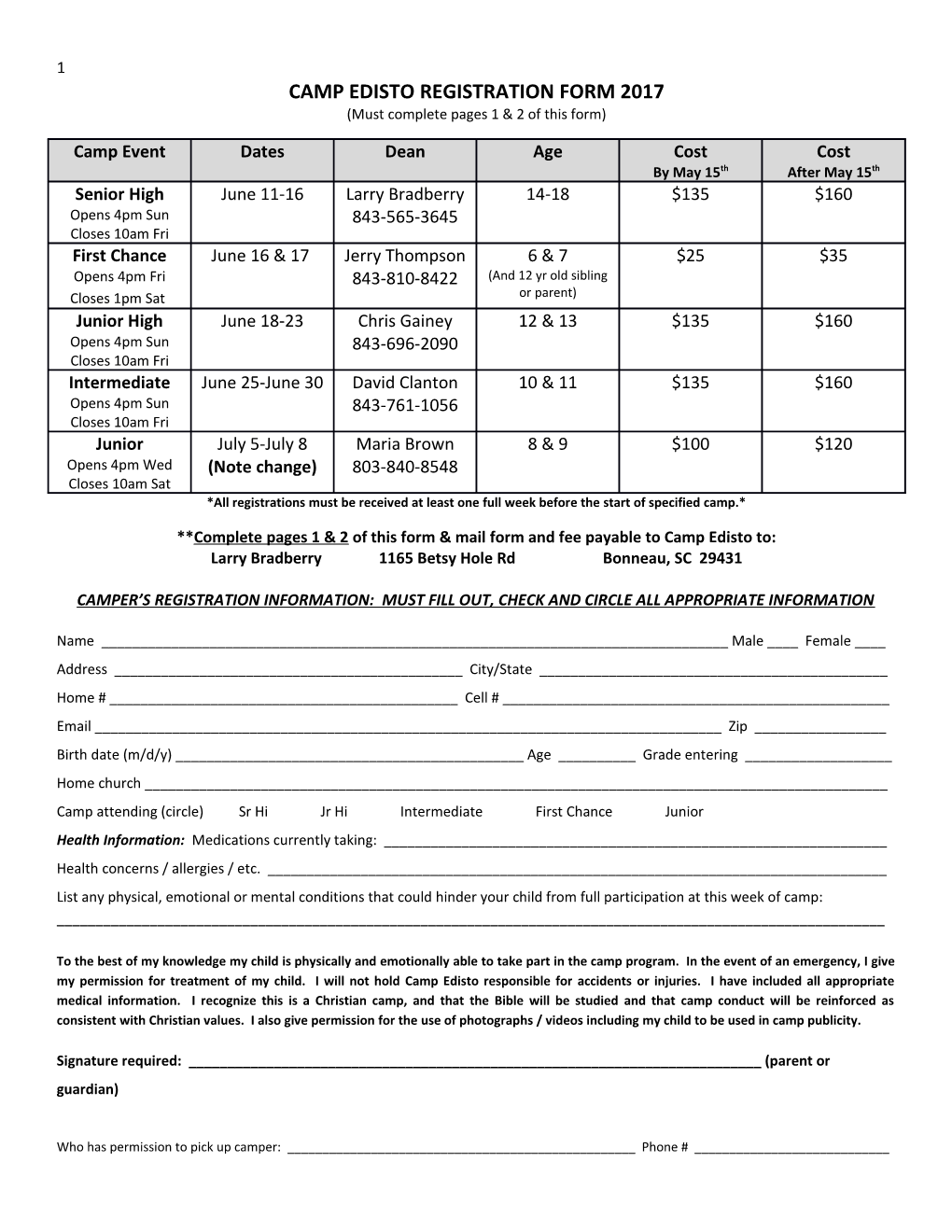 CAMP EDISTO REGISTRATION FORM 2017 (Must Complete Pages 1 & 2 of This Form)