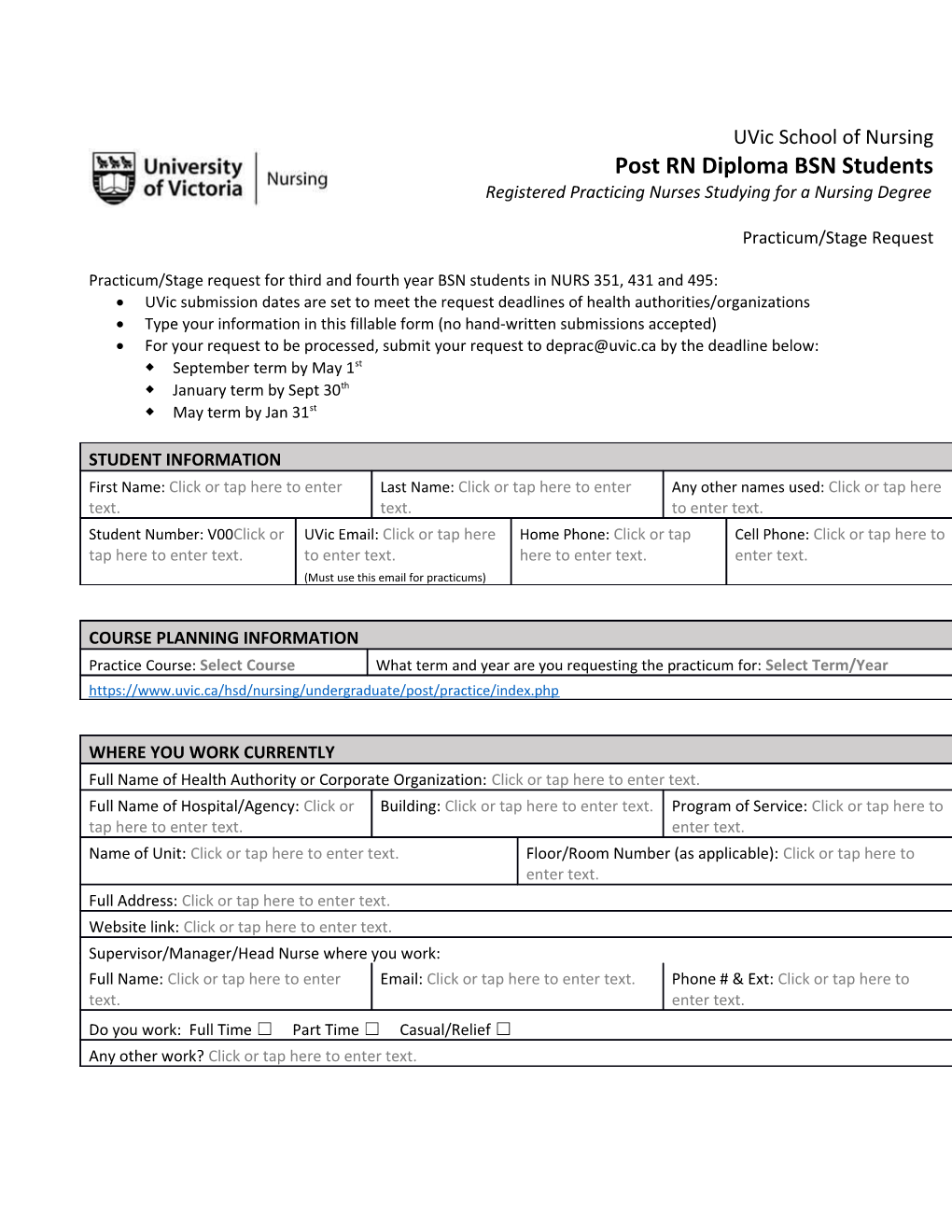 Practicum/Stage Request for Third and Fourth Year BSN Students in NURS 351, 431 and 495